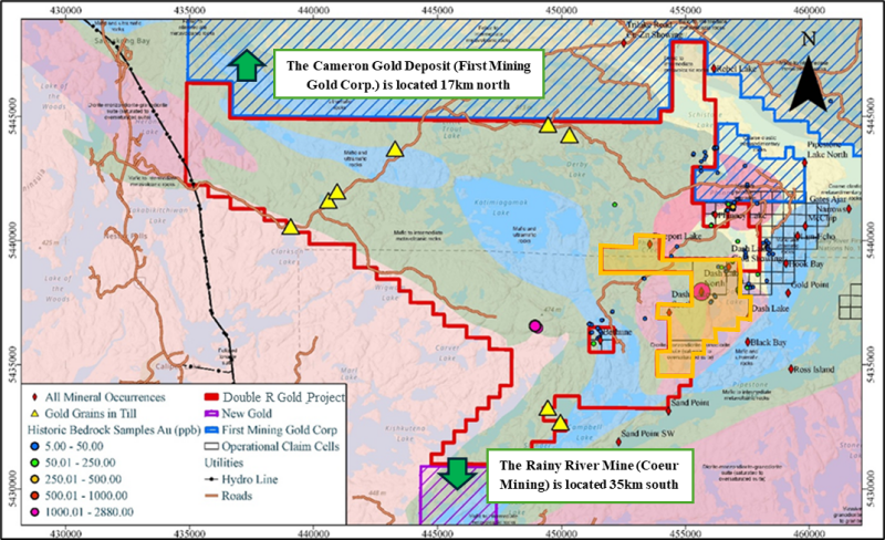 Figure 3: Regional geological map of the Double R Gold Project showing the distribution of mafic to felsic volcanic rocks, intrusive units, and known historical gold occurrences and Ontario Geological Survey till sample locations within and adjacent to the Project area. Black circle highlights recent acquisition.