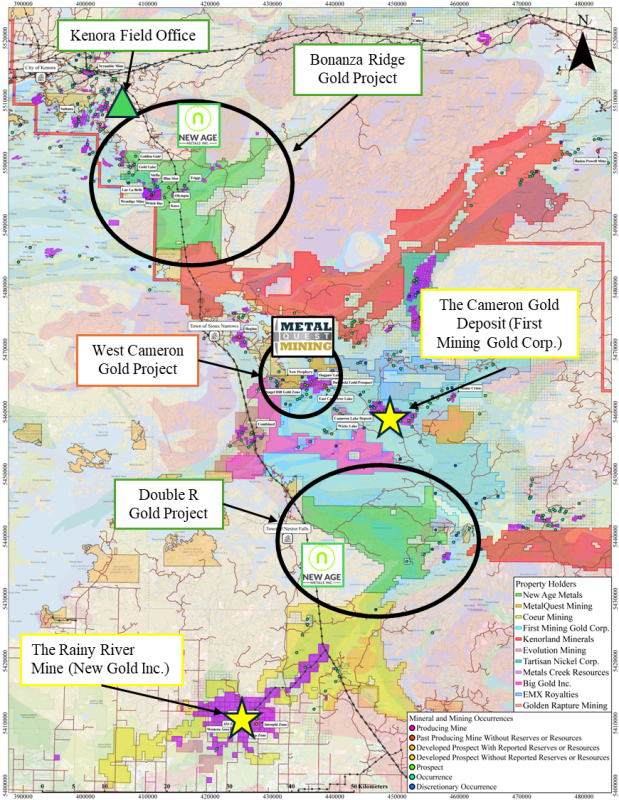 Figure 2: Regional property map highlighting the Kenora District highlighting New Age Metals recent acquisitions illustrating proximity to Rainy River Mine and Cameron Gold Deposit and nearby towns, cities, infrastructure.
