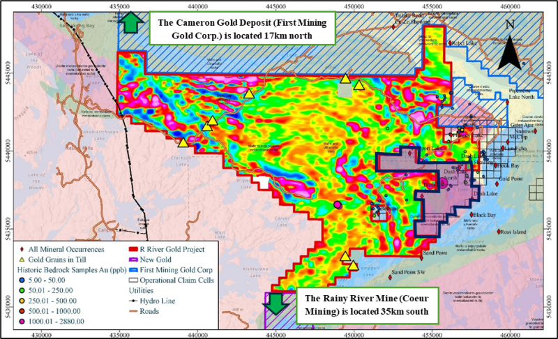 Figure 4: Ontario Geological Survey airborne magnetic (1VD) data covering the Double R Gold Project, illustrating regional-scale lithological and structural features interpreted from magnetic contrasts. Modified after Ontario Geological Survey High Resolution Aeromagnetic – Residual Magnetic Intensity (RMI) data. Black circle highlights recent acquisition.