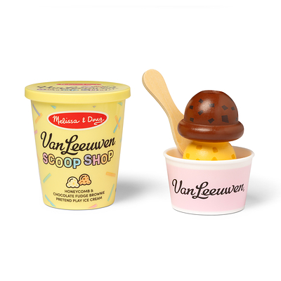Add-on to the Van Leeuwen Ice Cream Counter or a delightful stand-alone item, this set includes a realistic ice cream tub, two pretend scoops, a wooden spoon, and a coin redeemable for a real-world free kids scoop. (CNW Group/Melissa & Doug)