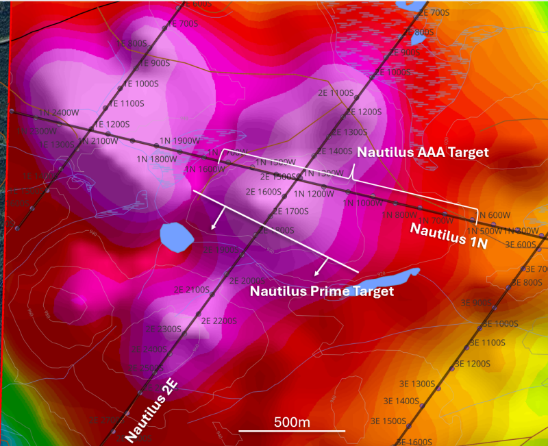 Figure 7: Plan view RTP magnetics with IP lines and target areas at Nautilus.