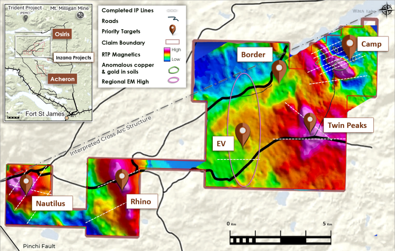 Figure 1: Osiris Project, targets for 2026 fieldwork, completed IP lines and the Camp target location.
