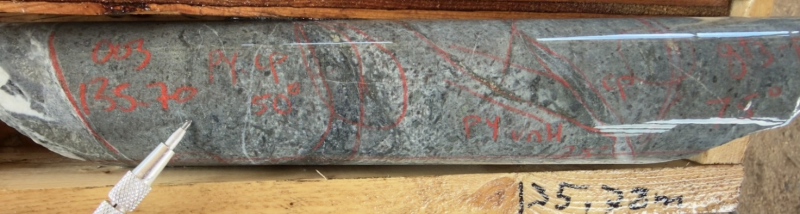 Figure 4: RCOS-26-003 altered hornblende porphyry with pyrite and chalcopyrite in veinlets and fractures