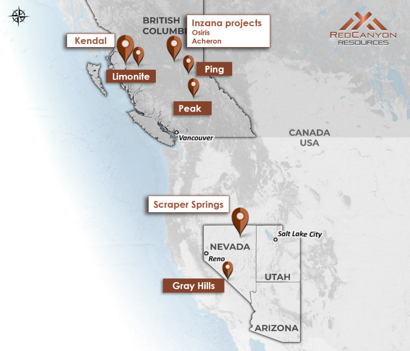 Figure 1: &nbsp;Location map of Red Canyon’s 100% owned1 copper and copper-gold projects.