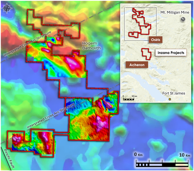Figure 3: &nbsp;Osiris Project area with regional airborne magnetics, interpreted cross-arc structures and Hogem Batholith relative to new mineral claims.