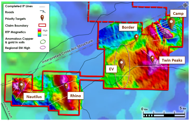 Figure 4: &nbsp;Osiris Project, targets for 2026 fieldwork, completed IP lines and the Camp target location.