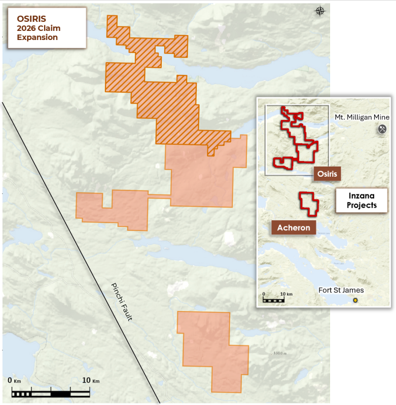 Figure 2:&nbsp;Inzana project area with new mineral claims extending Osiris north.
