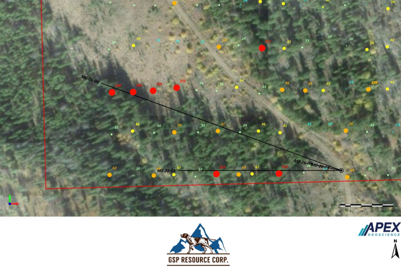 Figure 2: Mer Property drill plan showing 2025 soil anomaly (values labelled in Cu ppm) 
Click Image To View Full Size