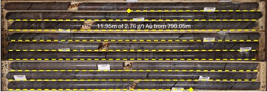 Figure 4: Hole MQD-26-465: Strongly sheared granodiorite with intense sericite-silica-hematite with an intercept of 11.95m of 2.76 g/t Au from 790.05m, part of the greater interval of 157.75m of 0.9m from 707.25m.