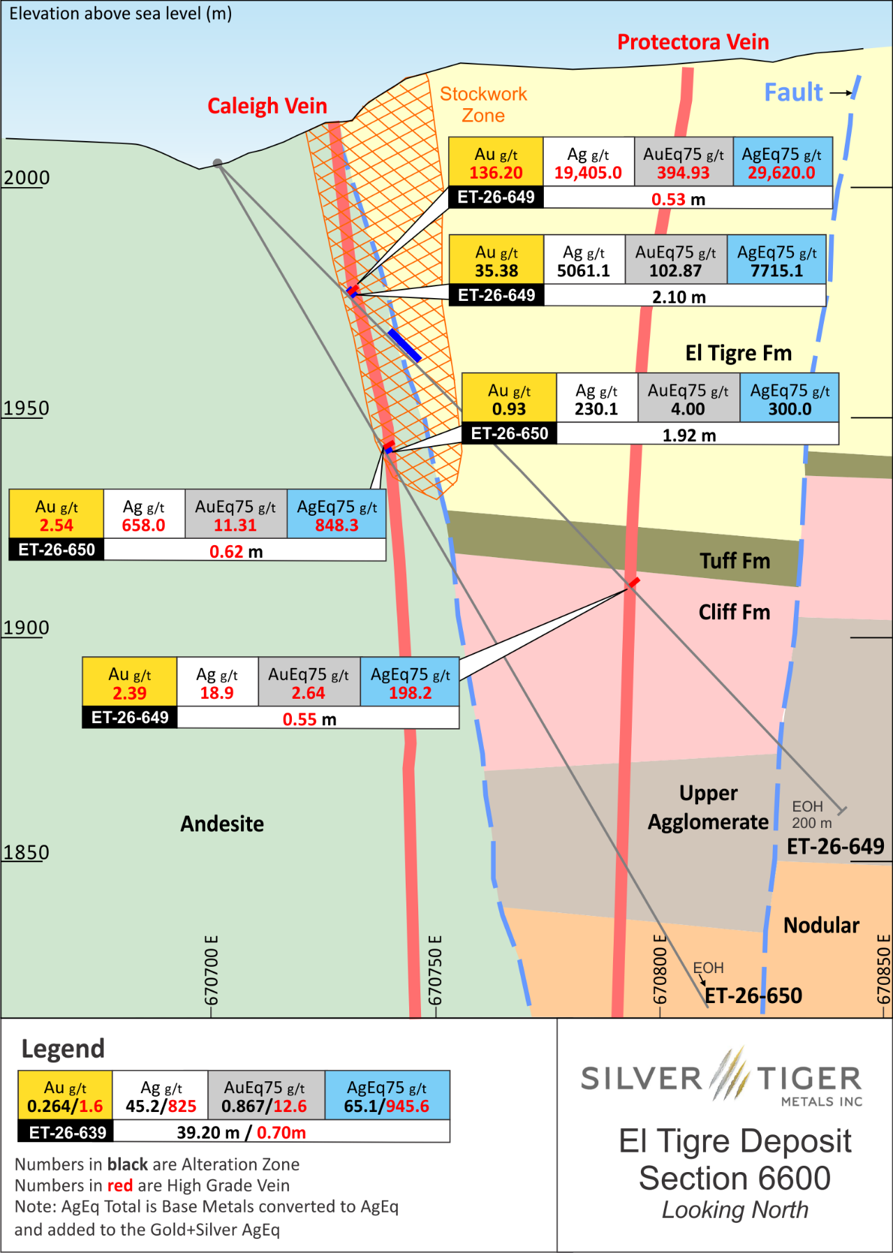 Figure 1 : Cross Section 6660 - Caleigh, Protectora and Stockwork Drilling