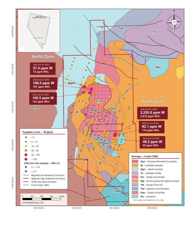 Figure 1: Tungsten-in-soil results across the White Star Tungsten Project, shown over the geological mapping of Coats (1964, USGS Bulletin 1141-M)