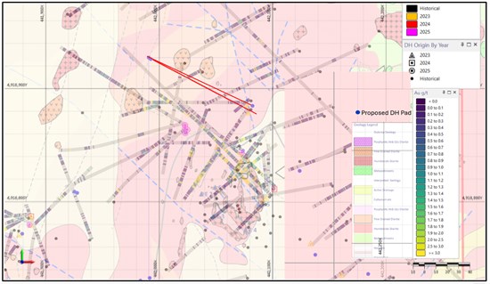 Figure 4: EC-11 trace in red, drilled from west to east (azimuth 118°, -70° inclination) and EC-12 trace (in progress), drilled from east to west (azimuth 295°, -65° inclination).