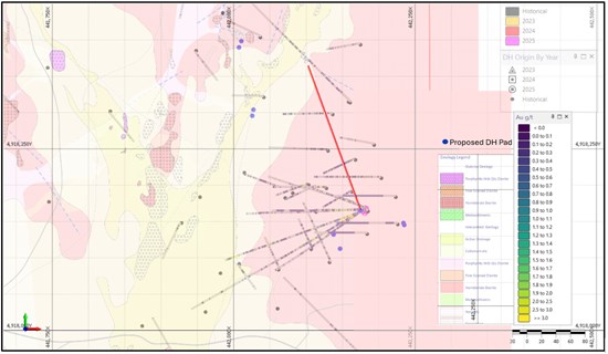 Figure 2: Herman Zone. Trace of EC-10 in red (azimuth 340°, -45° inclination).
