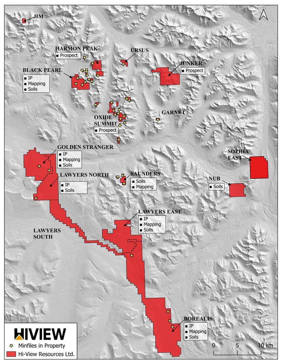 The image depicts a geological map highlighting various mineral prospects, locations, and soil types across a mountainous region, with specific annotations for areas like Harmon Peak and Black Pearl.  AI-generated content may be incorrect.
