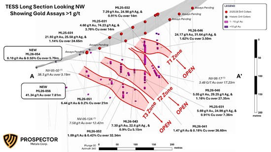 Figure 1: Long-Section of the TESS showing SE plunging high-grade shoots T1, T2, & T3 with Gold Assays > 1g/t Au.