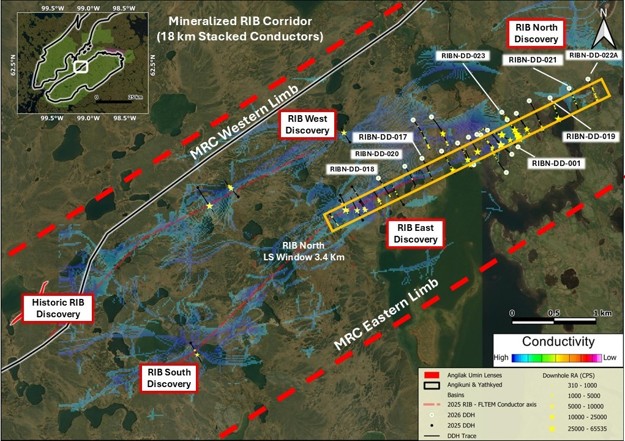 Figure 1: Angilak Project Area - 2026 Exploration Target Area (Black Rectangles), & Mapped Historic Mineralized Showings