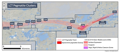 Figure 2: Mineralized LCT pegmatite outcrop occurrences Shaakichiuwaanaan and Pikwa. (CNW Group/PMET Resources Inc.)
