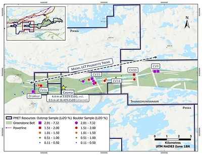 Figure 4: Compilation of surface sampling results along the Mickel LCT Pegmatite Trend (part of the greater CV Lithium Trend) at Shaakichiuwaanaan, now extending onto the adjacent Pikwa Property. (CNW Group/PMET Resources Inc.)