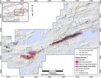 Figure 1: Location of the principal corridor at Shaakichiuwaanaan, which is host to the CV5 and CV13 LCT pegmatites. (CNW Group/PMET Resources Inc.)