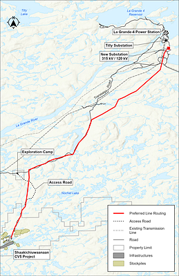 Figure 2: LG4 Power Station and the Proposed Shaakichiuwaanaan Power Line Corridor. (CNW Group/PMET Resources Inc.)