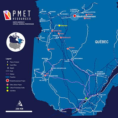 Figure 1: Shaakichiuwaanaan Project Location and Regional Infrastructure. (CNW Group/PMET Resources Inc.)