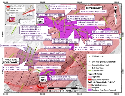 Figure 2: Drill hole result highlights at the CV13 Pegmatite (caesium). (CNW Group/PMET Resources Inc.)