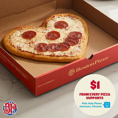 Boston Pizza is bringing back their iconic heart-shaped pizza and adding a smile – and $1 from every pizza sold will go to support Kids Help Phone (CNW Group/Boston Pizza International Inc.)