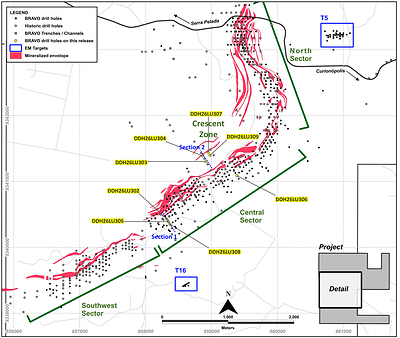 Figure 4: Location of Bravo Drilling and Sections Reported in this News Release (CNW Group/Bravo Mining Corp.)