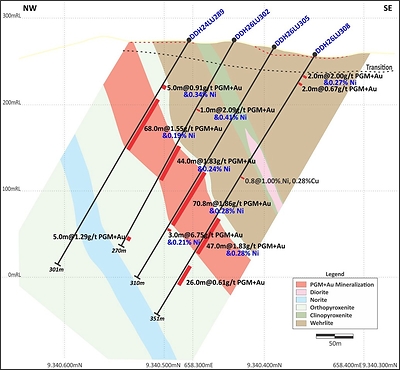 Figure 1: Central Sector (Section 1 on Figure 4). Mineralized grades and thicknesses in infill drilling show excellent encouragement. (CNW Group/Bravo Mining Corp.)