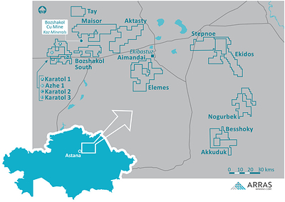 Figure 5. Arras Minerals Elemes Project and project portfolio located in Pavlodar, Northeastern Kazakhstan. (CNW Group/Arras Minerals Corp.)