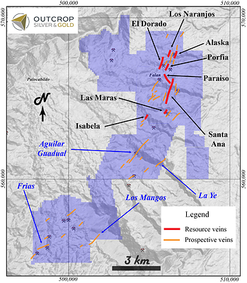 Figure 4. Resource included veins and prospective veins that will likely add to future resources. All vein segments will show more continuity with future work. (CNW Group/Outcrop Silver & Gold Corporation)