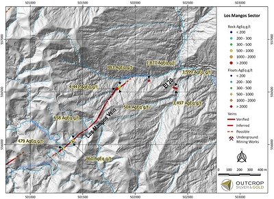 Map 3. Los Mangos target with sample assays from this release. (CNW Group/Outcrop Silver & Gold Corporation)