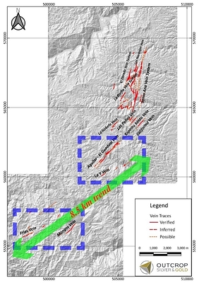 Map 1. The Frias-La Ye trend can be traced in outcrop for approximately 8.5 kilometres to the Frias mine area. (CNW Group/Outcrop Silver & Gold Corporation)
