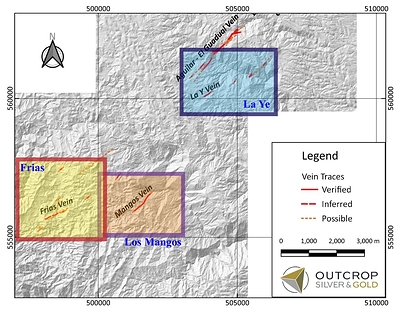 Map 2. Detailed location map from Los Mangos, La Ye and Frias Targets. (CNW Group/Outcrop Silver & Gold Corporation)