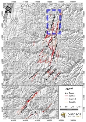 Map 2. Location of Naranjos target, 350 m west of the Santa Ana vein system (CNW Group/Outcrop Silver & Gold Corporation)
