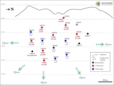 Figure 3: Long section of Naranjos shoot showing color-coded drill hole pierce points. 
Red pierce points are > 150 g eq Ag/t; gray pierce points define an assay limit of the shoot; blue pierce points are  < 150 g eq Ag/t and are within low-value grade contours interior to the shoot and not a shoot limit; black pierce points are pending assay. Naranjos is open in all directions (CNW Group/Outcrop Silver & Gold Corporation)