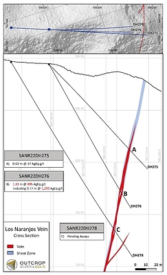Figure 1. Cross sections of Los Naranjos.  The Naranjos vein is often internal to a related shear zone and broader zones with intense veining (CNW Group/Outcrop Silver & Gold Corporation)