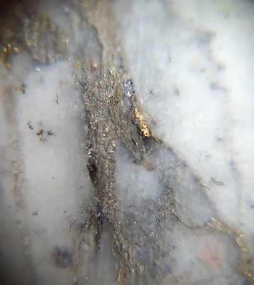 Coarse native gold in core from Maras. Assays pending. (CNW Group/Outcrop Silver & Gold Corporation)