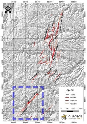 Map 2. Twelve kilometres strike of mapped veins zones at Santa Ana permitted for drilling. Reconnaissance mapping and prospecting suggest Aguiler could be part of a 1.5-kilometre-wide vein corridor, similar to the Royal Santa Ana veins to north, (CNW Group/Outcrop Silver & Gold Corporation)