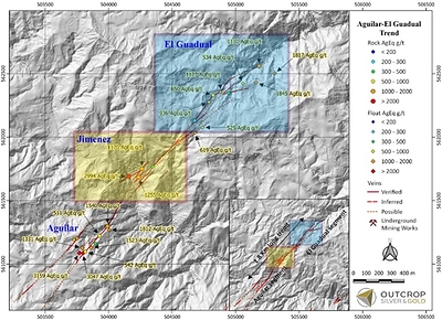 Map 1. The Aguilar-El Guadual trend can be traced for 1.8 kilometres in outcrop and float. This area is highlighted on Map 2, (CNW Group/Outcrop Silver & Gold Corporation)