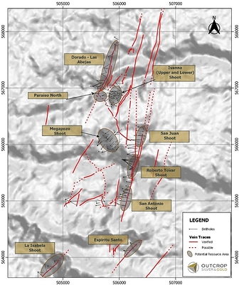 Map 3. Location of Santa Ana shoots and potential resource areas. Aguilar vein is 3,000 metres south of Espiritu Santo. (CNW Group/Outcrop Silver & Gold Corporation)