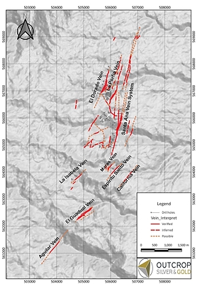 Map 2. Twelve kilometres of mapped vein zones at Santa Ana permitted for drilling. (CNW Group/Outcrop Silver & Gold Corporation)
