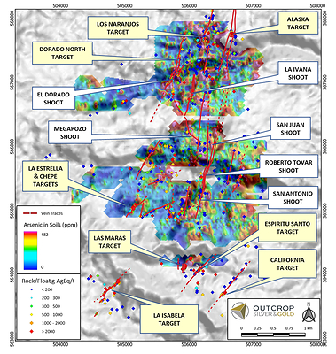 Figure 2 – Discovered shoots and new targets at Santa Ana.  Dorado North and La Isabela are currently being drilled. (CNW Group/Outcrop Silver & Gold Corporation)