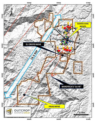 Figure 2. Regional map showing the approximately 6,000-hectare titles, near-term targets (red dots) and vein trends (red lines). The dashed circle represents the 2.5 km-radius that includes the seven near-term targets around the historic mines of Santa Ana: 1- El Dorado, 2-Naranjos, 3-Alaska, 4-Isabela, 5-Maras, 6-Espiritu Santo, and 7-California. (CNW Group/Outcrop Silver & Gold Corporation)