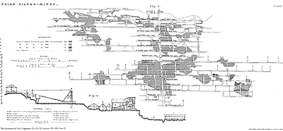 Figure 2. The Frias Mine is hosted by the same vein system and is inferred to be a model analogue to the seven shoots discovered to date by Outcrop. A stope and level map of the Frias Mine located on the Santa Ana project, twelve kilometers from the Royal Santa Ana mines. The stopes mapped suggest the long axis of mined shoot plunges from the upper left to the lower right at an angle within the plane of the vein. (CNW Group/Outcrop Silver & Gold Corporation)