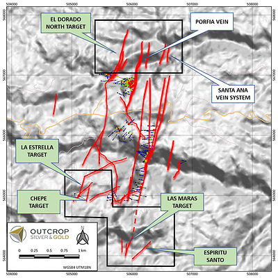 Figure 5. Map showing drilling areas (black polygons) and greenfields targets to be drilled in H1 2022 (green call outs). (CNW Group/Outcrop Silver & Gold Corporation)