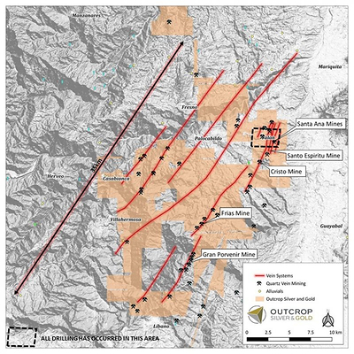 Figure 2. Property map with interpreted structure/vein trends (red), historic mines and prospects and drilling area of discovered shoots to date. Less than 10% of the project has received drilling to date. (CNW Group/Outcrop Silver & Gold Corporation)