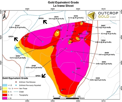 Section 2: Equivalent g Au/t in long section (in plan for low angle shoot) that outcrops to east and dipping west. The approximate dimensions of the shoot are 320 metres by 310 metres and it is open in at least three directions. (CNW Group/Outcrop Gold Corp.)