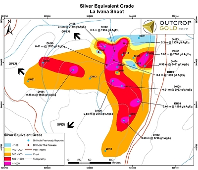 Section 3: Equivalent g Ag/t in long section (in plan for low angle shoot) that outcrops to east and dipping west. The approximate dimenisions of the shoot are 320 metres by 310 metres and it is open in at least three directions. (CNW Group/Outcrop Gold Corp.)