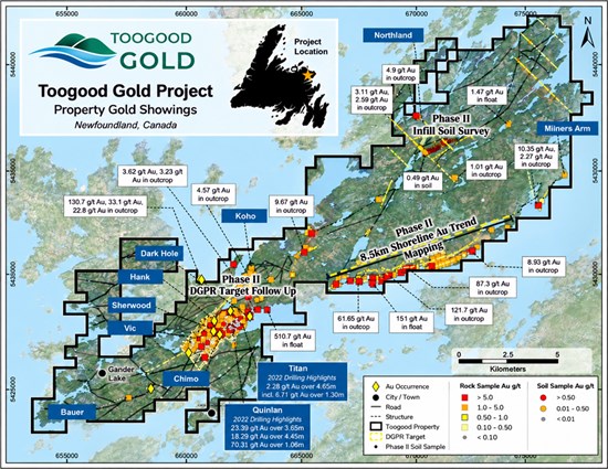Figure 1: Toogood Gold Project showing property-scale gold occurrences and selected drilling and surface-sampling results.